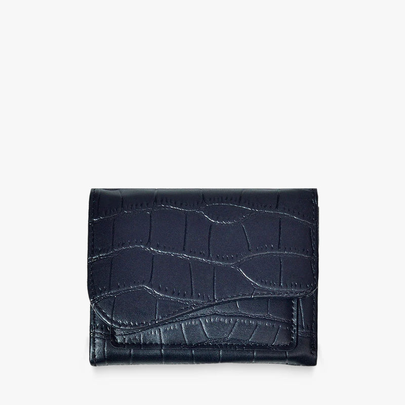 Alba croc-embossed vegan leather trifold wallet with curved flap in Black