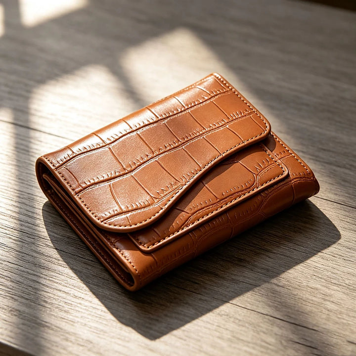 Alba croc-embossed vegan leather trifold wallet with curved flap