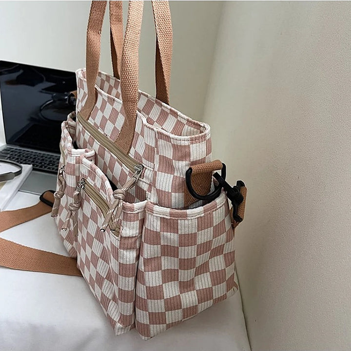 Kanna checkered corduroy shoulder bag with front zip pockets
