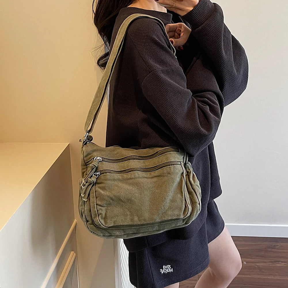 Rina washed canvas crossbody bag with front zip pockets