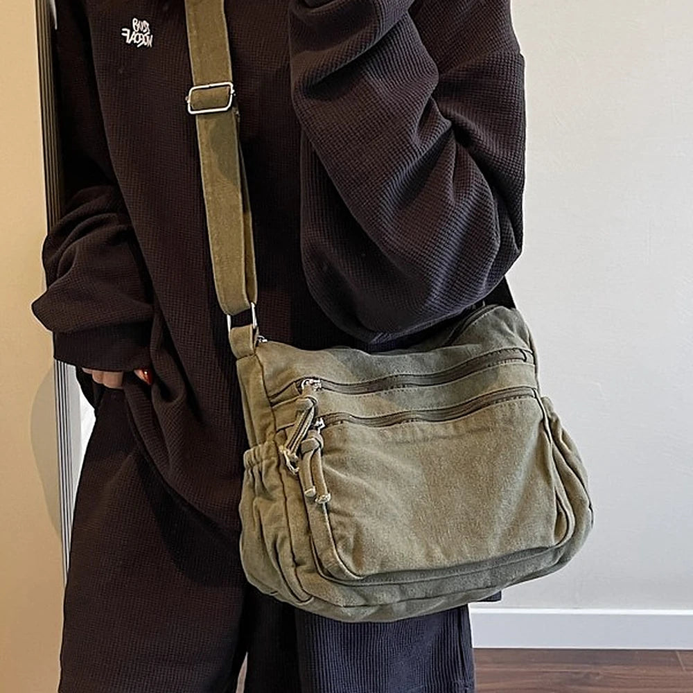 Rina washed canvas crossbody bag with front zip pockets