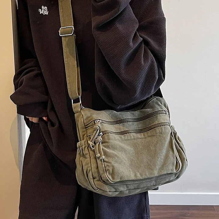 Rina washed canvas crossbody bag with front zip pockets