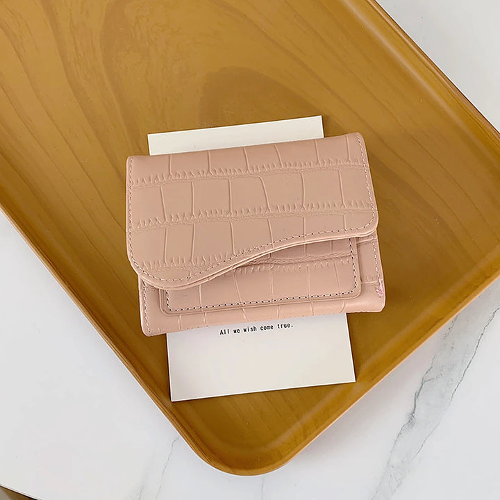 Alba croc-embossed vegan leather trifold wallet with curved flap