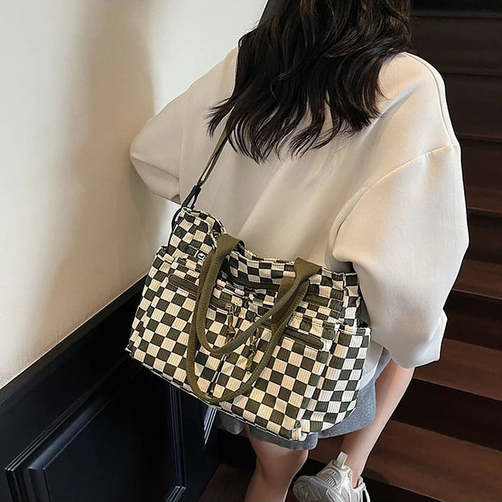 Kanna checkered corduroy shoulder bag with front zip pockets