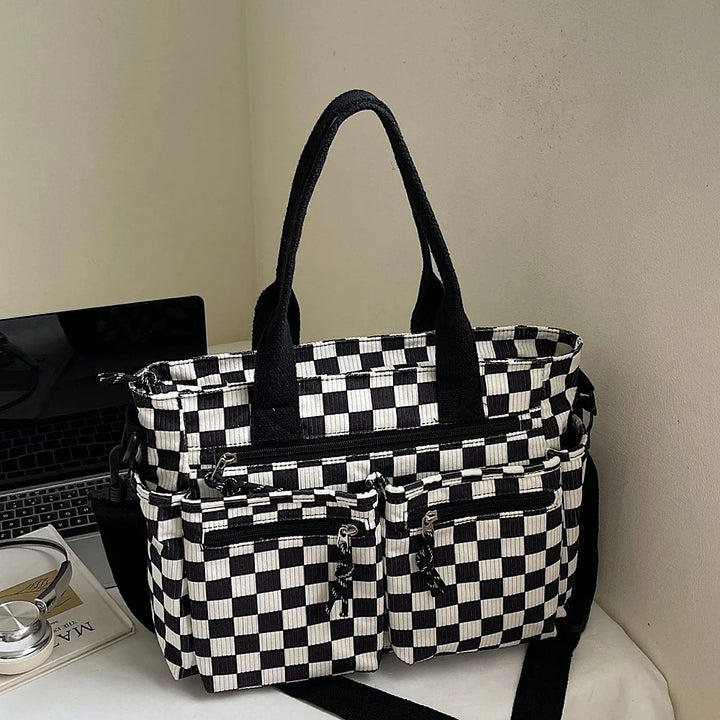 Kanna checkered corduroy shoulder bag with front zip pockets