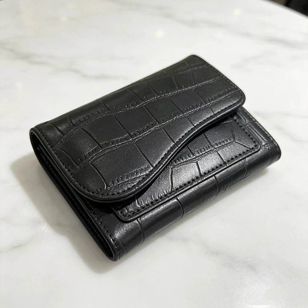 Alba croc-embossed vegan leather trifold wallet with curved flap