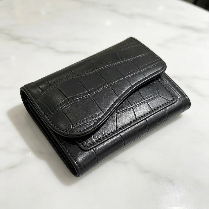 Alba croc-embossed vegan leather trifold wallet with curved flap