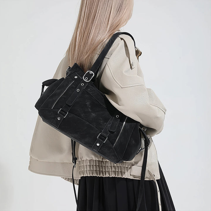 Margo vegan leather shoulder bag with silver buckle straps