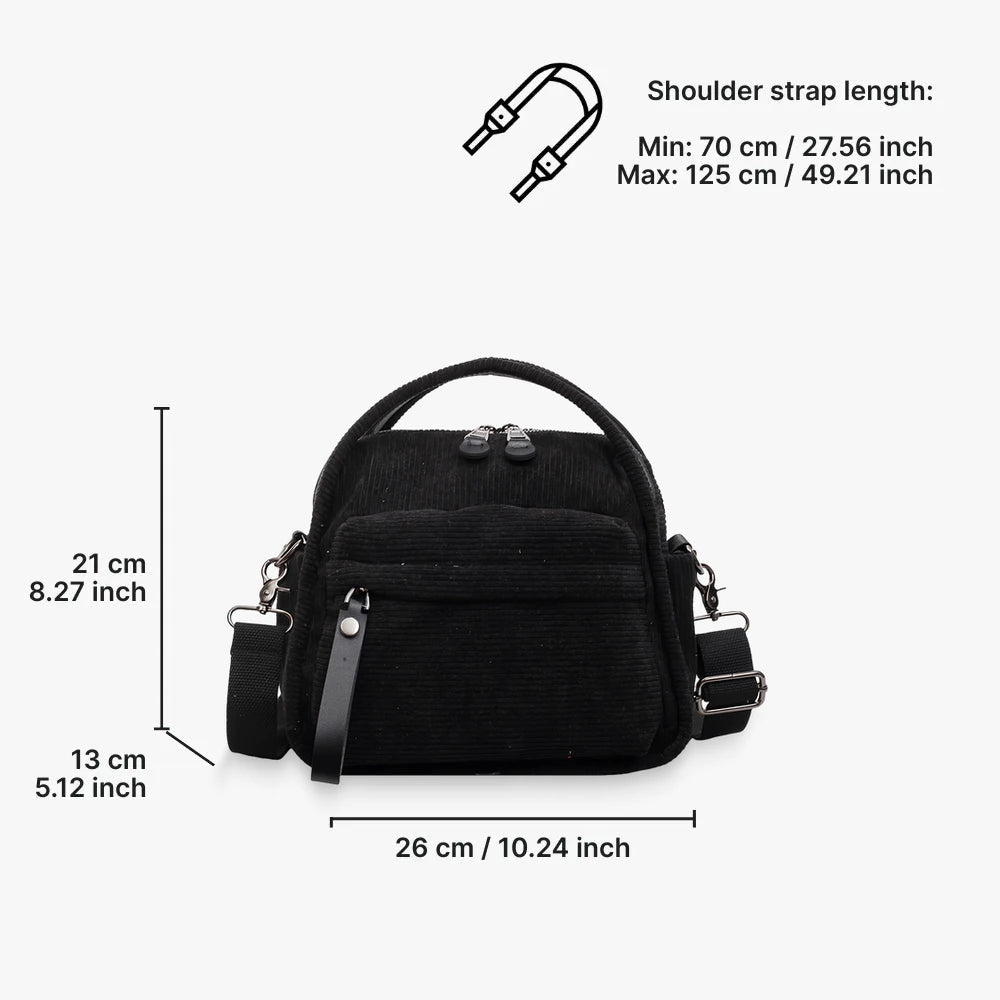 Lyona corduroy crossbody bag with front zip pocket dimensions in Black
