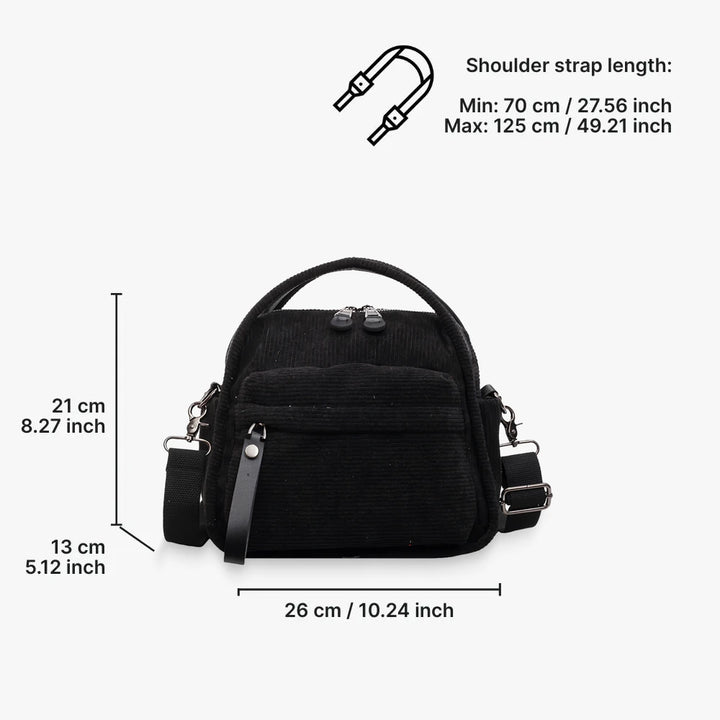 Lyona corduroy crossbody bag with front zip pocket dimensions in Black