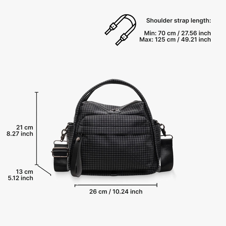 Lyona grid fabric crossbody bag with front zip pocket dimensions in Black