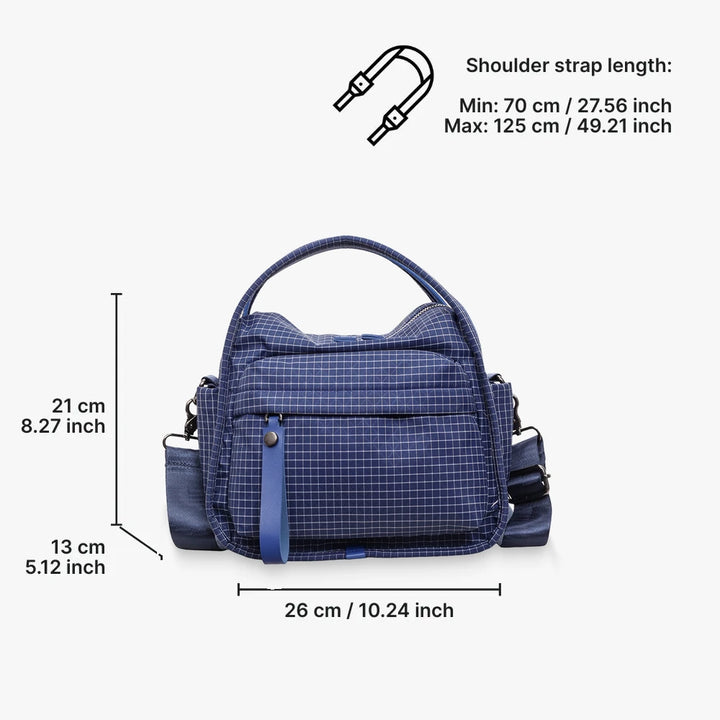 Lyona grid fabric crossbody bag with front zip pocket dimensions in Blue