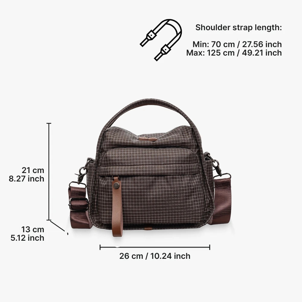 Lyona grid fabric crossbody bag with front zip pocket dimensions in Brown