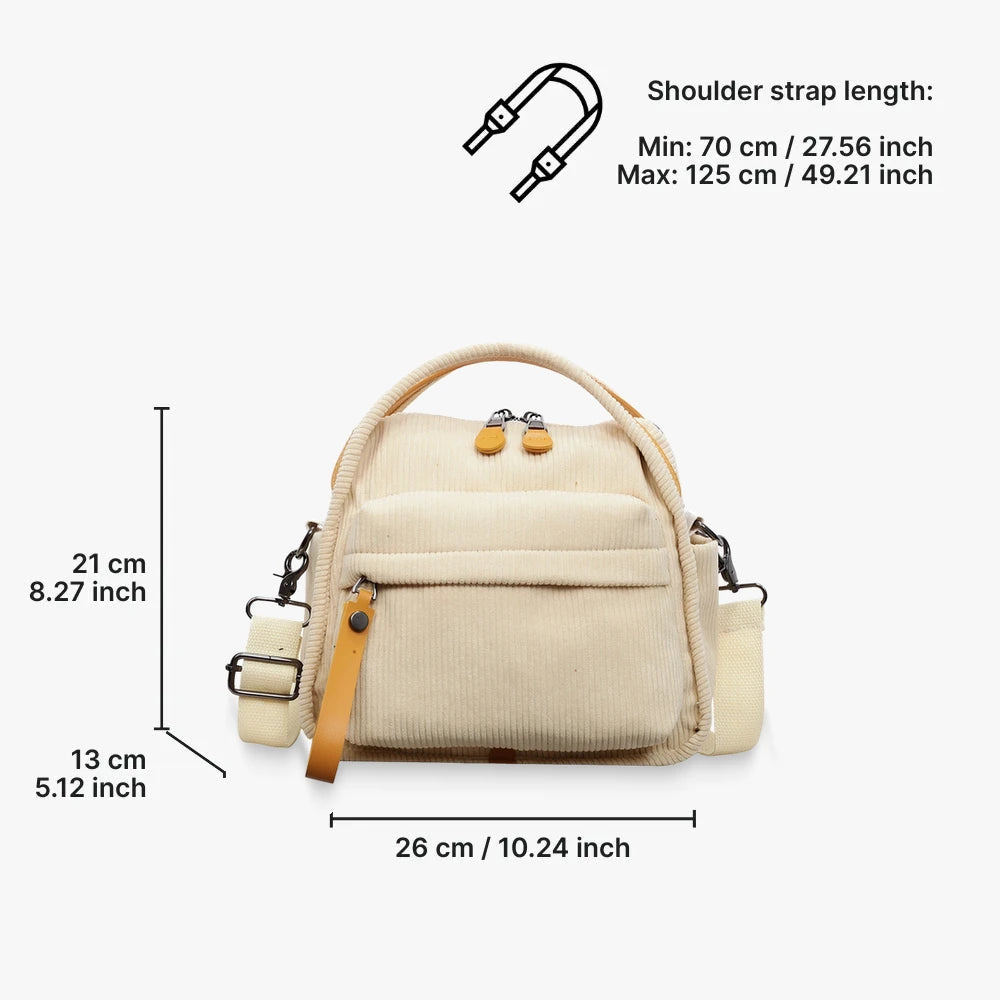 Lyona corduroy crossbody bag with front zip pocket dimensions in Cream