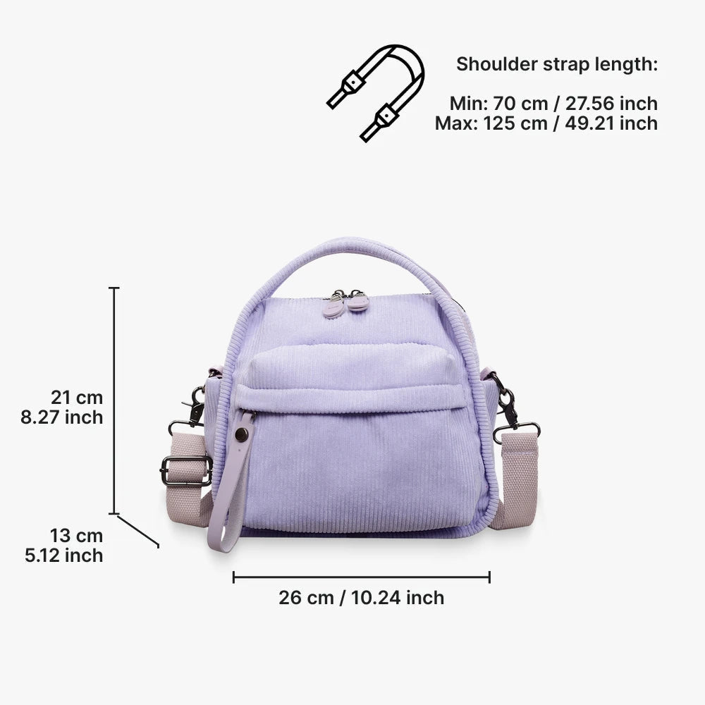 Lyona corduroy crossbody bag with front zip pocket dimensions in Lavender