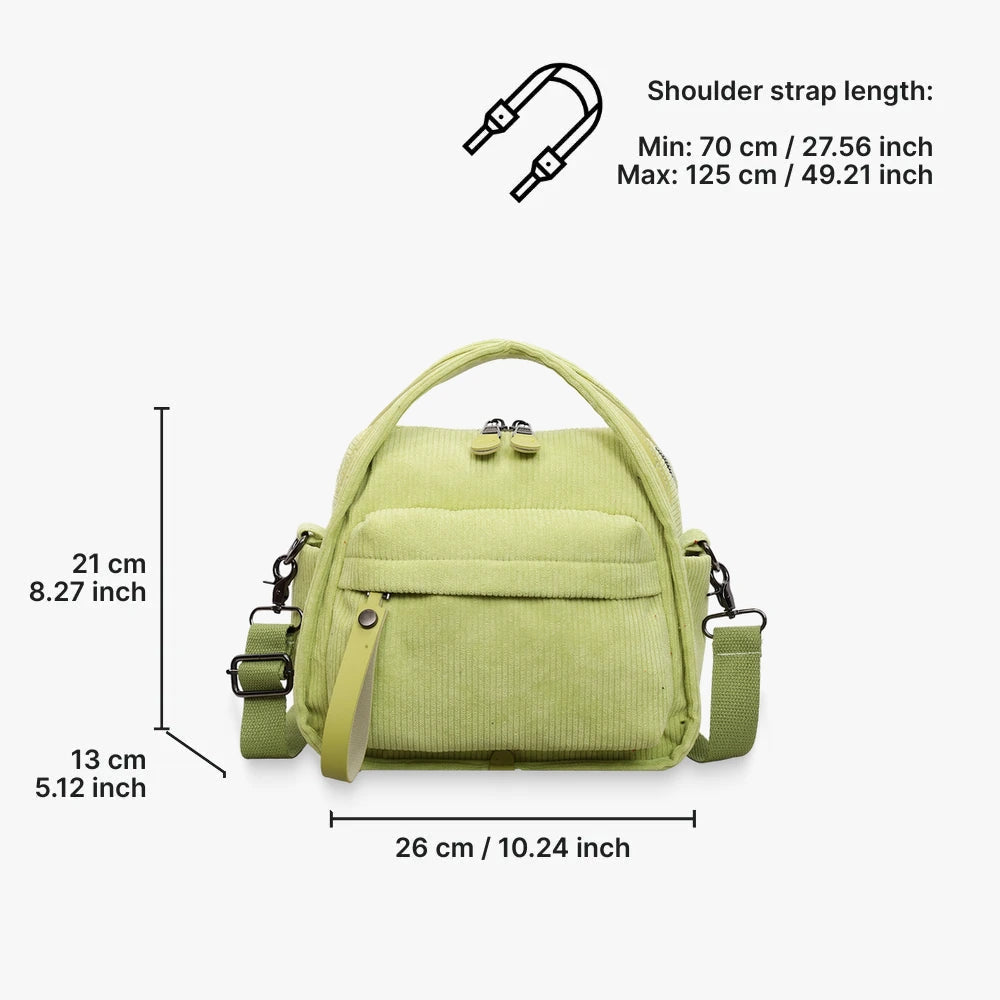 Lyona corduroy crossbody bag with front zip pocket dimensions in Lime Green
