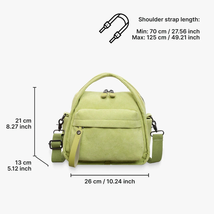 Lyona corduroy crossbody bag with front zip pocket dimensions in Lime Green