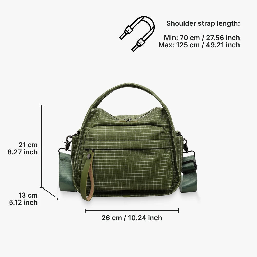 Lyona grid fabric crossbody bag with front zip pocket dimensions in Olive Green