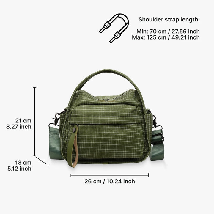 Lyona grid fabric crossbody bag with front zip pocket dimensions in Olive Green