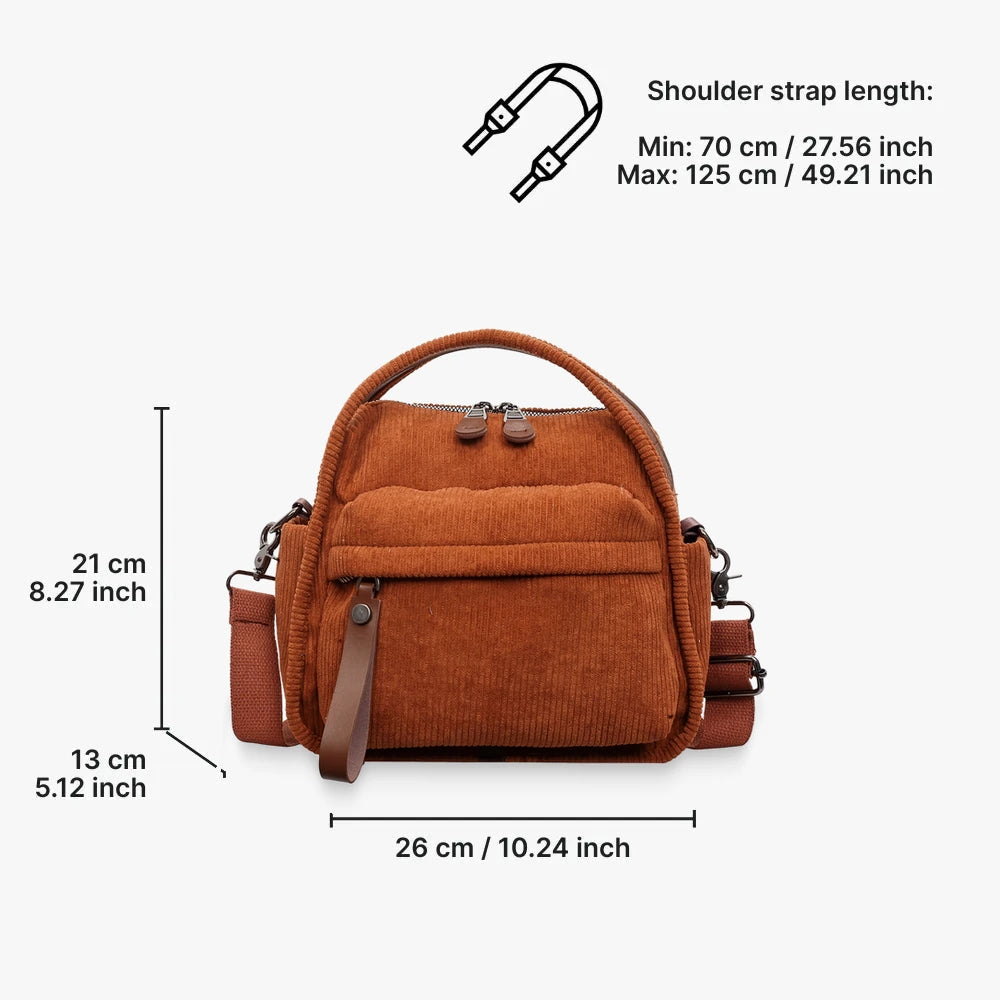 Lyona corduroy crossbody bag with front zip pocket dimensions in Orange