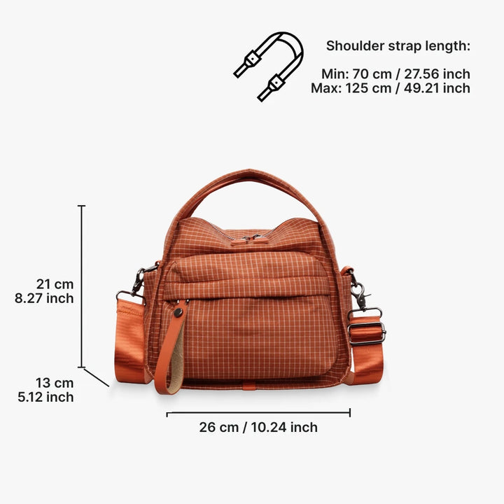 Lyona grid fabric crossbody bag with front zip pocket dimensions in Orange