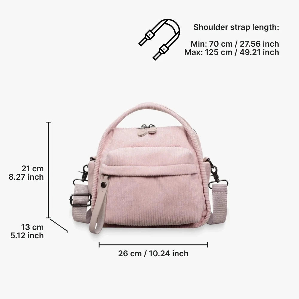 Lyona corduroy crossbody bag with front zip pocket dimensions in Pink