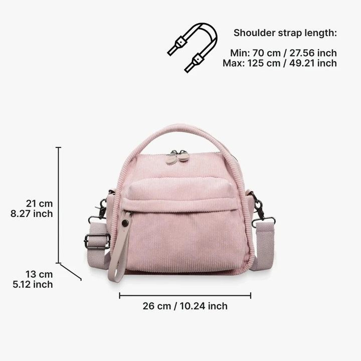 Lyona corduroy crossbody bag with front zip pocket dimensions in Pink