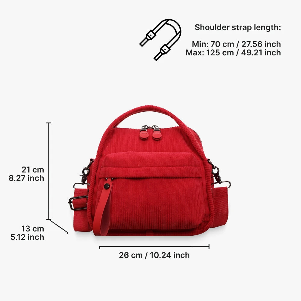 Lyona corduroy crossbody bag with front zip pocket dimensions in Red