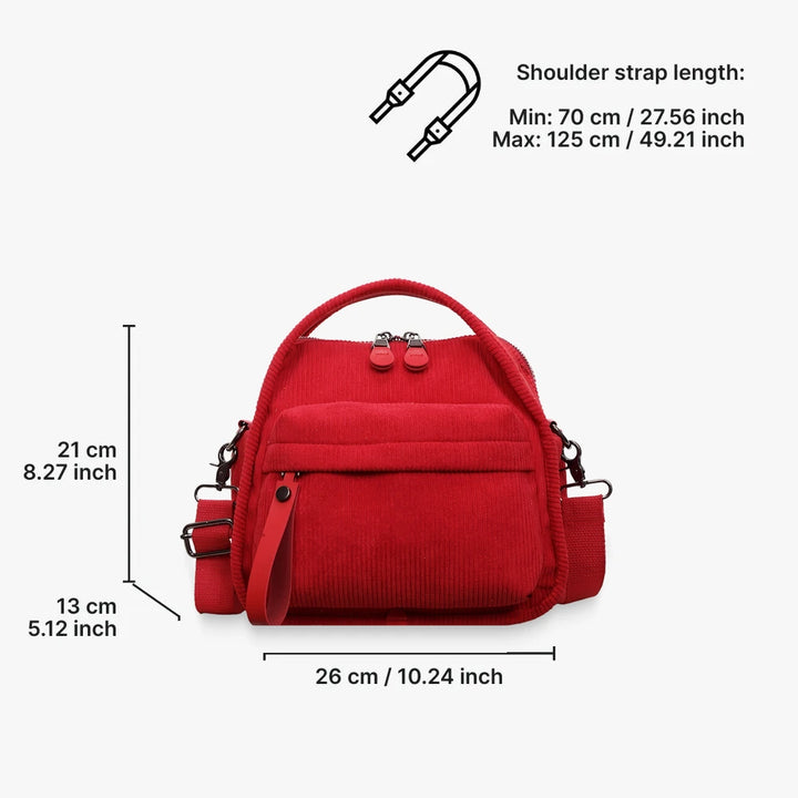 Lyona corduroy crossbody bag with front zip pocket dimensions in Red