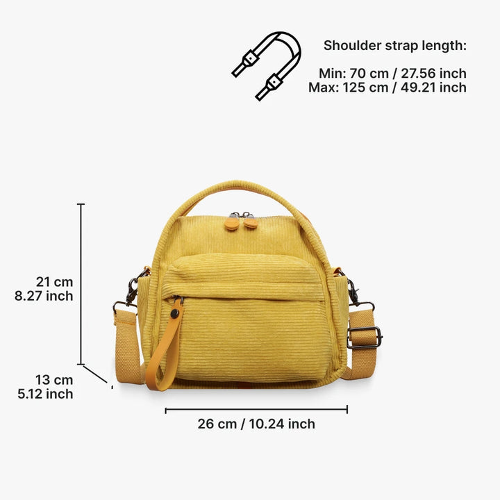 Lyona corduroy crossbody bag with front zip pocket dimensions in Yellow