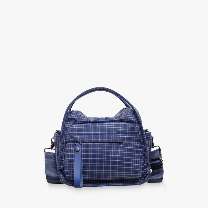 Lyona grid fabric crossbody bag with front zip pocket in Blue