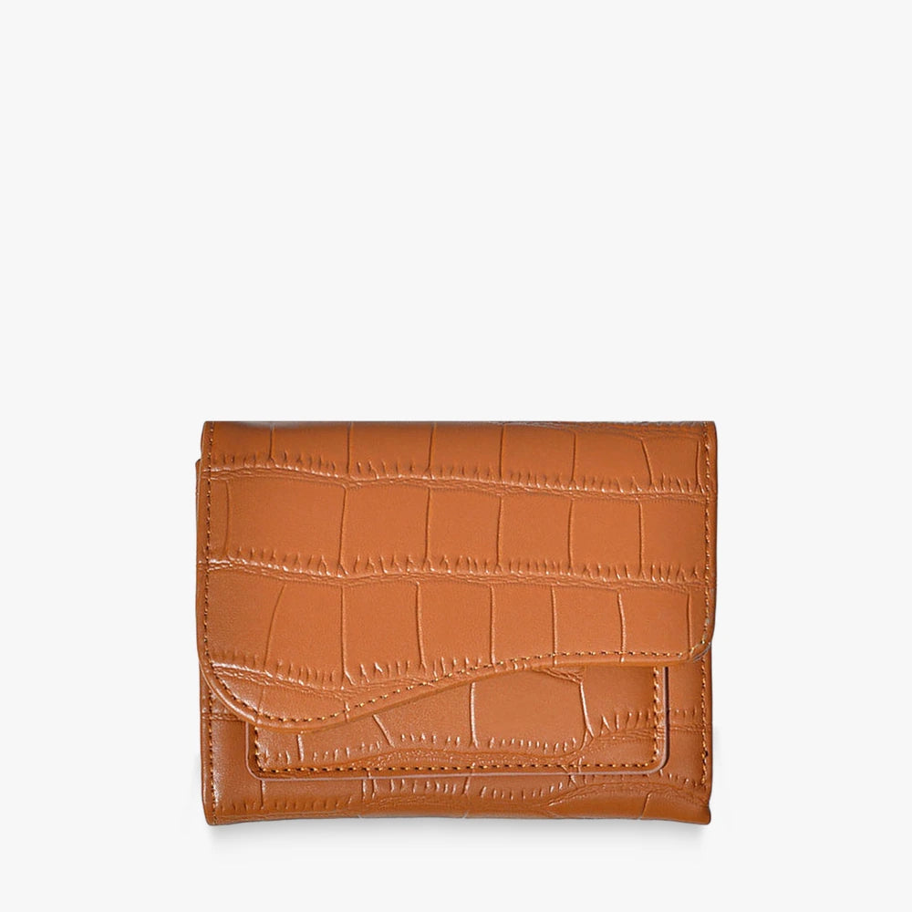 Alba croc-embossed vegan leather trifold wallet with curved flap in Brown