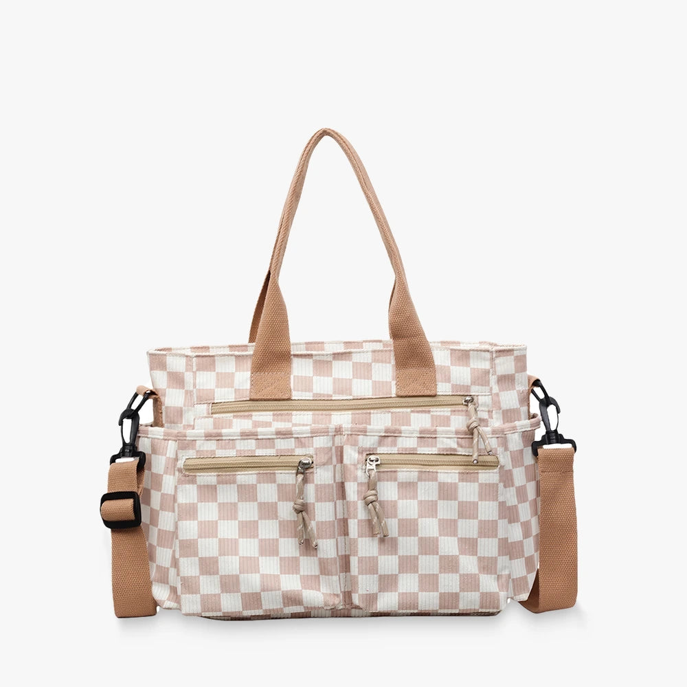 Kanna checkered corduroy shoulder bag with front zip pockets in Beige