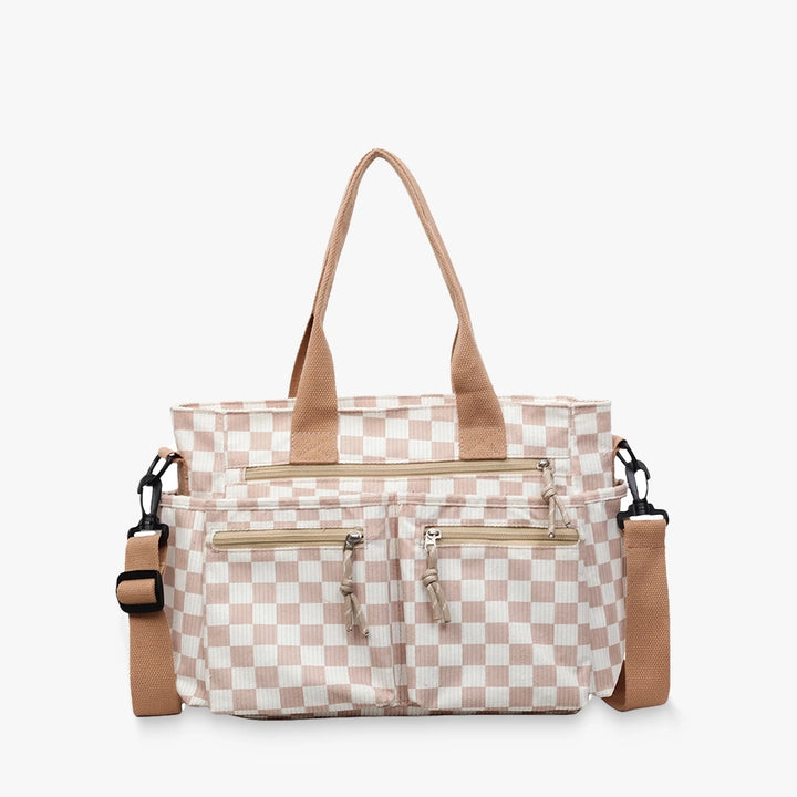 Kanna checkered corduroy shoulder bag with front zip pockets in Beige