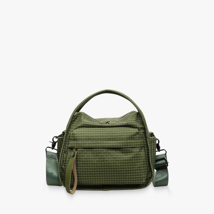 Lyona grid fabric crossbody bag with front zip pocket in Olive Green