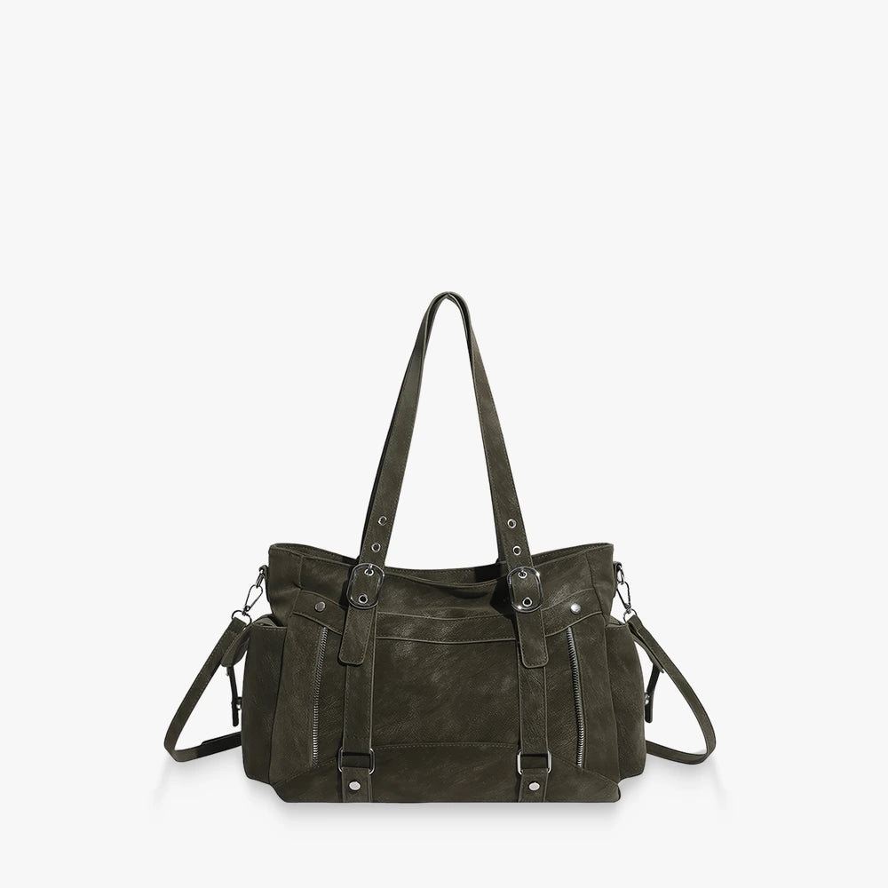 Margo vegan leather shoulder bag with silver buckle straps in Green
