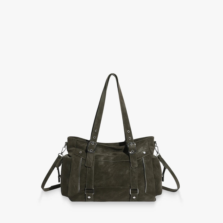 Margo vegan leather shoulder bag with silver buckle straps in Green