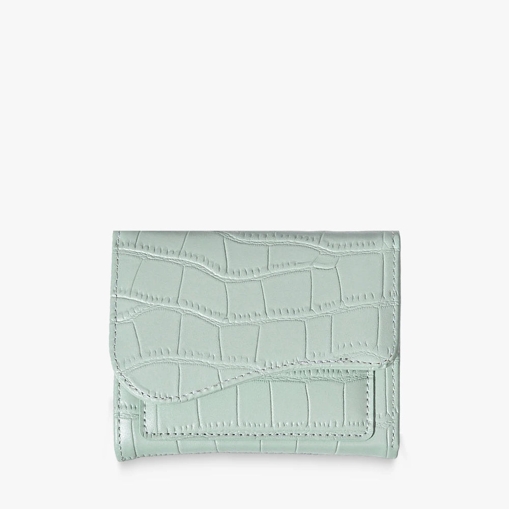 Alba croc-embossed vegan leather trifold wallet with curved flap in Light Green