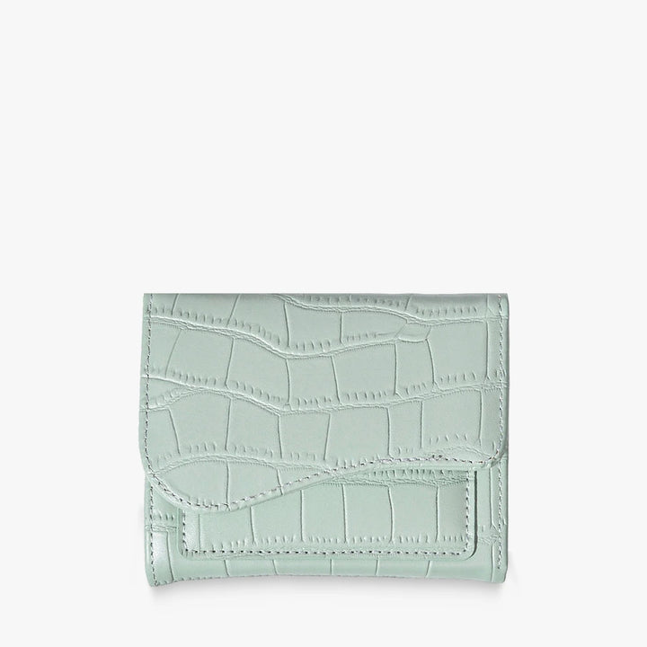 Alba croc-embossed vegan leather trifold wallet with curved flap in Light Green