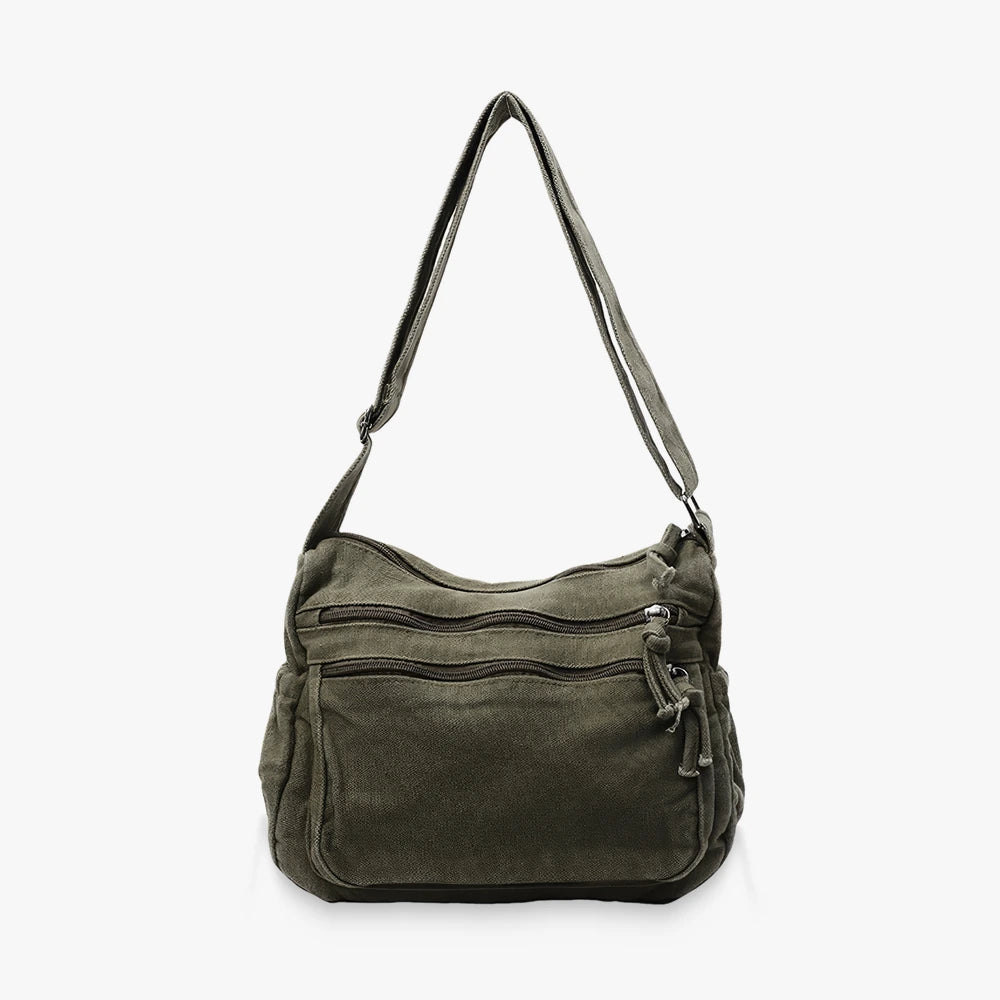 Rina washed canvas crossbody bag with front zip pockets in Olive Green