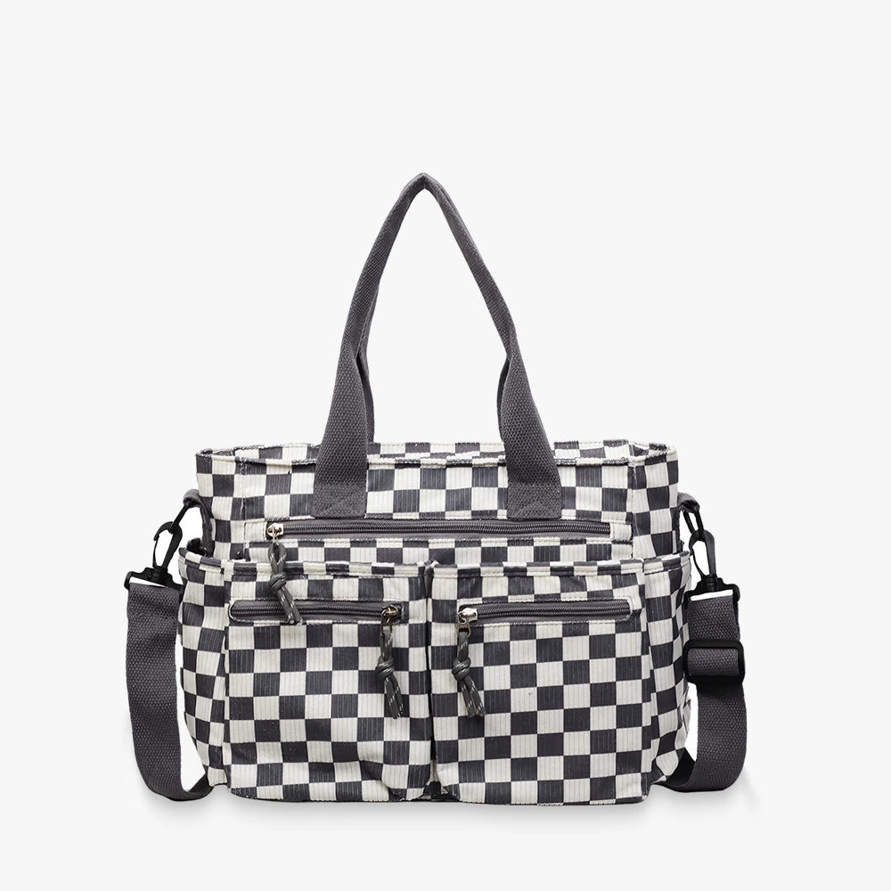 Kanna checkered corduroy shoulder bag with front zip pockets in Gray