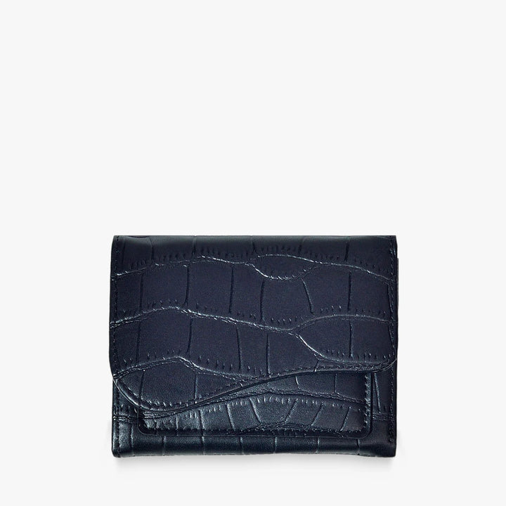 Alba croc-embossed vegan leather trifold wallet with curved flap in Black