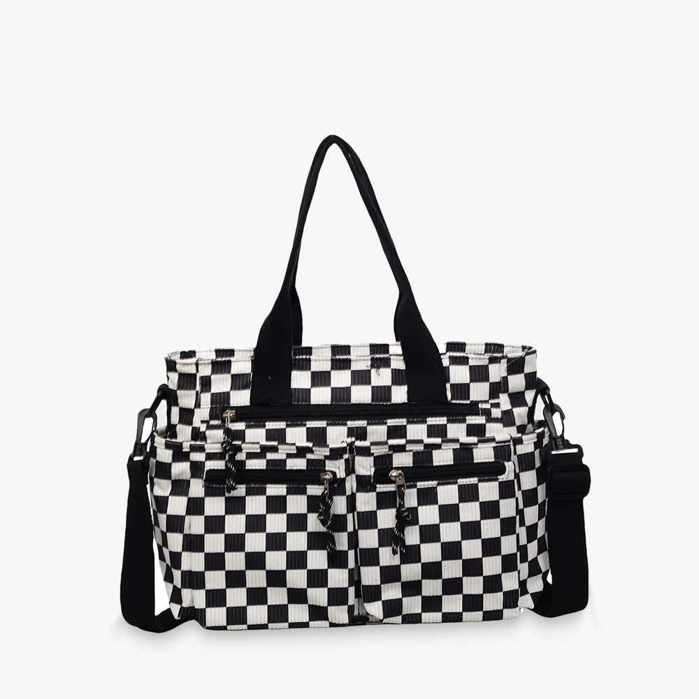 Kanna checkered corduroy shoulder bag with front zip pockets in Black