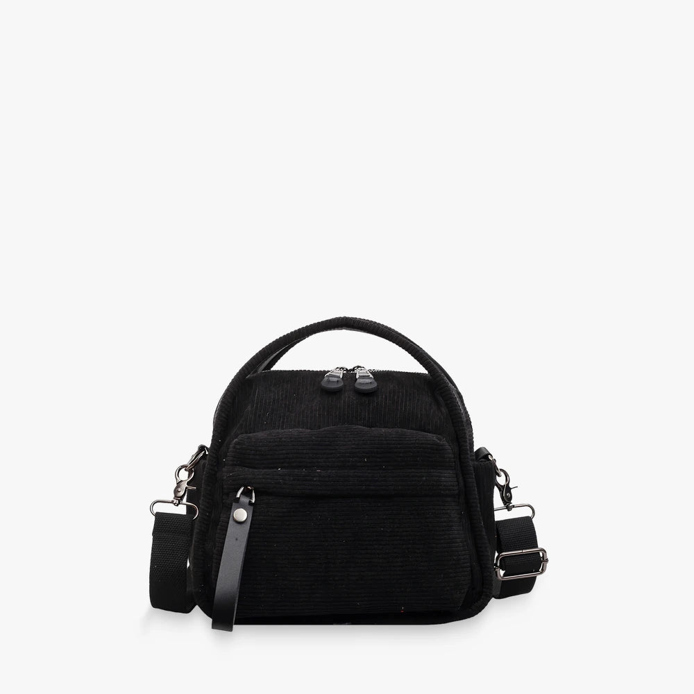 Lyona corduroy crossbody bag with front zip pocket in Black