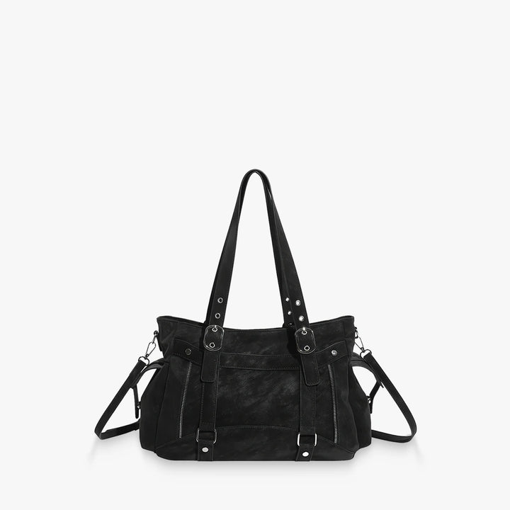 Margo vegan leather shoulder bag with silver buckle straps in Black