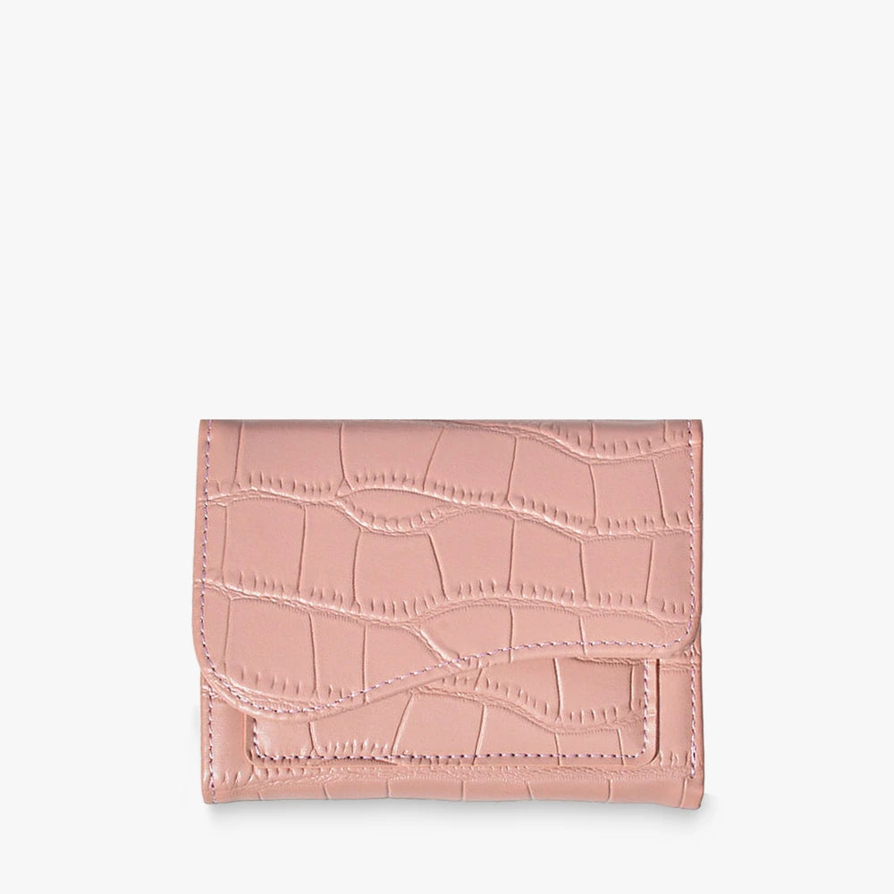 Alba croc-embossed vegan leather trifold wallet with curved flap in Pink
