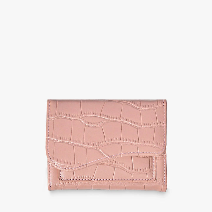Alba croc-embossed vegan leather trifold wallet with curved flap in Pink