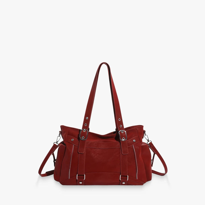 Margo vegan leather shoulder bag with silver buckle straps in Red