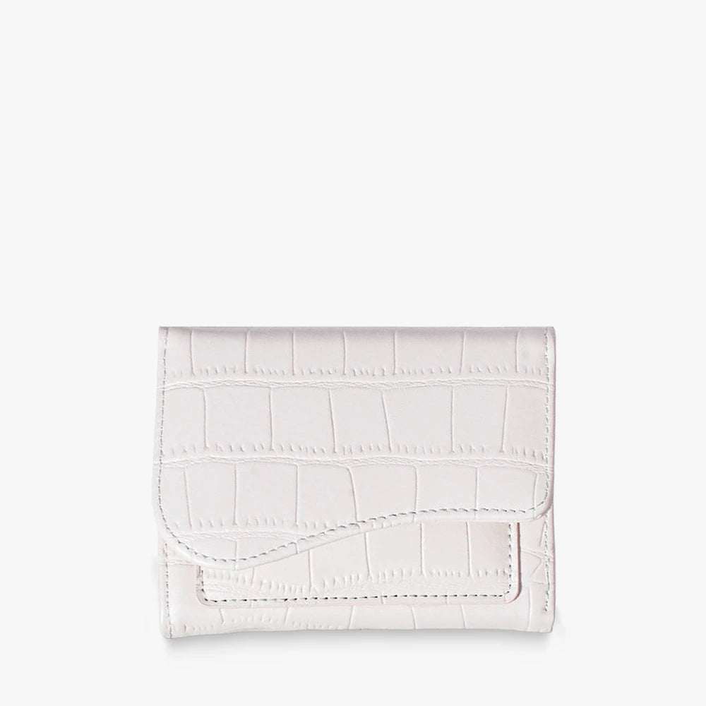 Alba croc-embossed vegan leather trifold wallet with curved flap in White