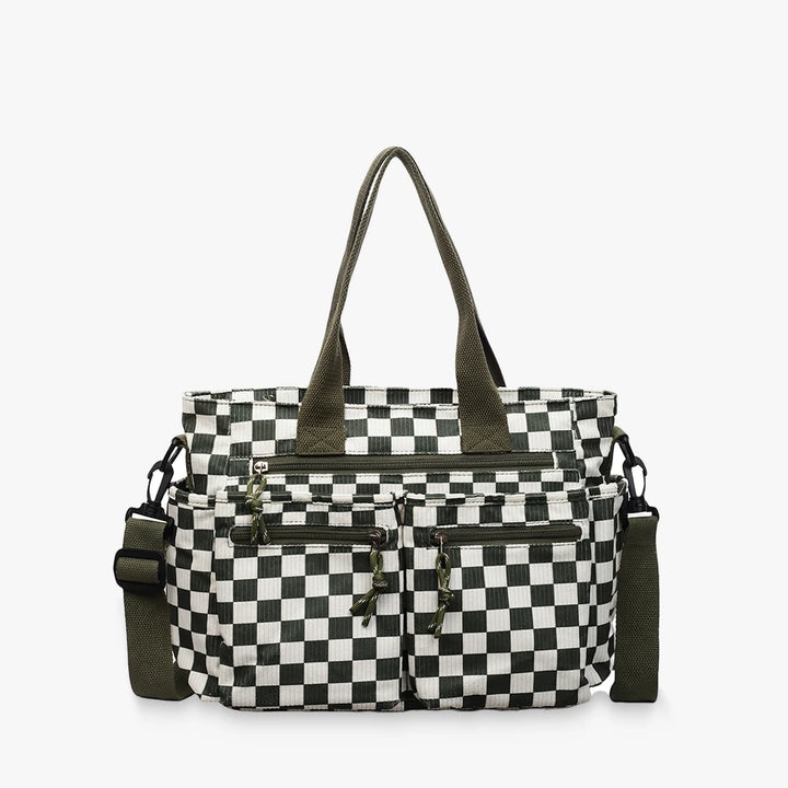 Kanna checkered corduroy shoulder bag with front zip pockets in Olive Green
